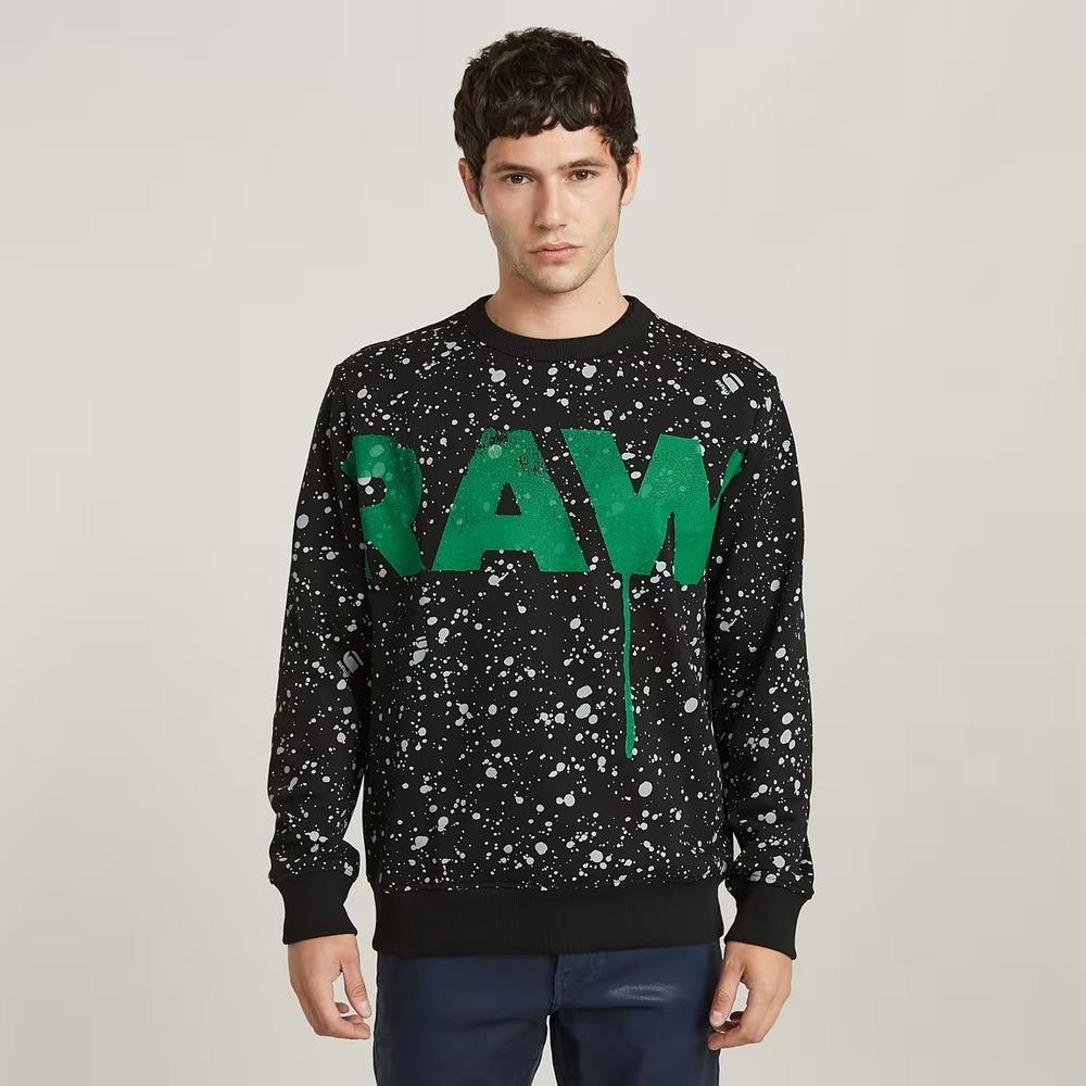 G-STAR RAW Men's Paint-Splatter Logo Crew Neck Sweatshirt‎ Black/Green Size M
